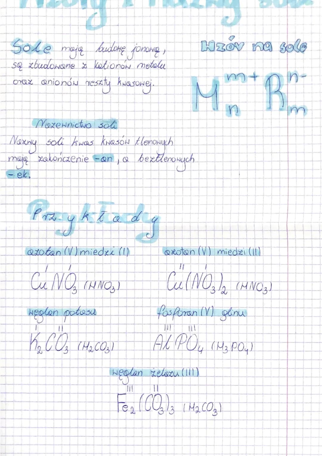 Sole mają budowę jonong,
są zbudowane z kationów metalu
oraz anionów reszty kwasowej.
Nozewnictwo soli
Naxny soli kwas kwasów tlenowych
zako