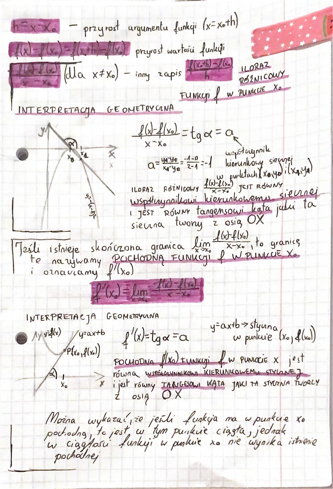 przyrost argumentu funkcji (x=xoth)
(f(x)=f(x) = f(x+h)-f(x)] przyrost wartości funkci
√ (da x‡xo) - inny zapis
INTERPRETACJA GEOMETRYCZNA
F