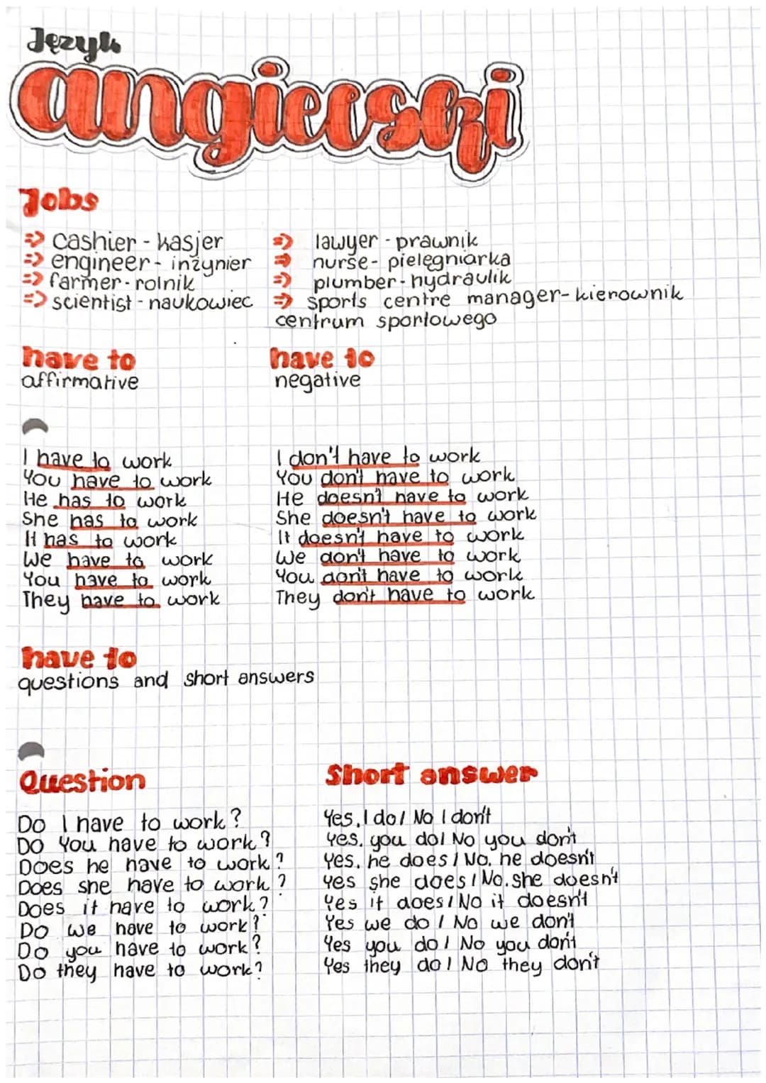 Język
aingiereti
cashier - kasjer
lawyer-prawnik
engineer - inżynier → nurše- pielęgniarka
farmer-rolnik
=> scientist naukowiec
Jobs
have to