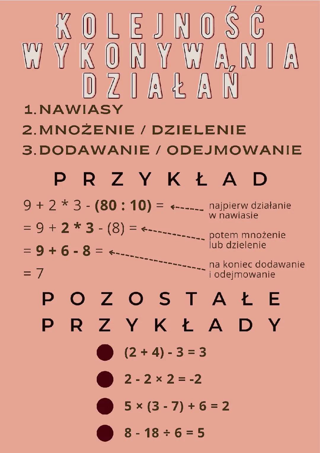 Kolejność wykonywania działań - ściąga dla klasy 3, 4, 5 i 6