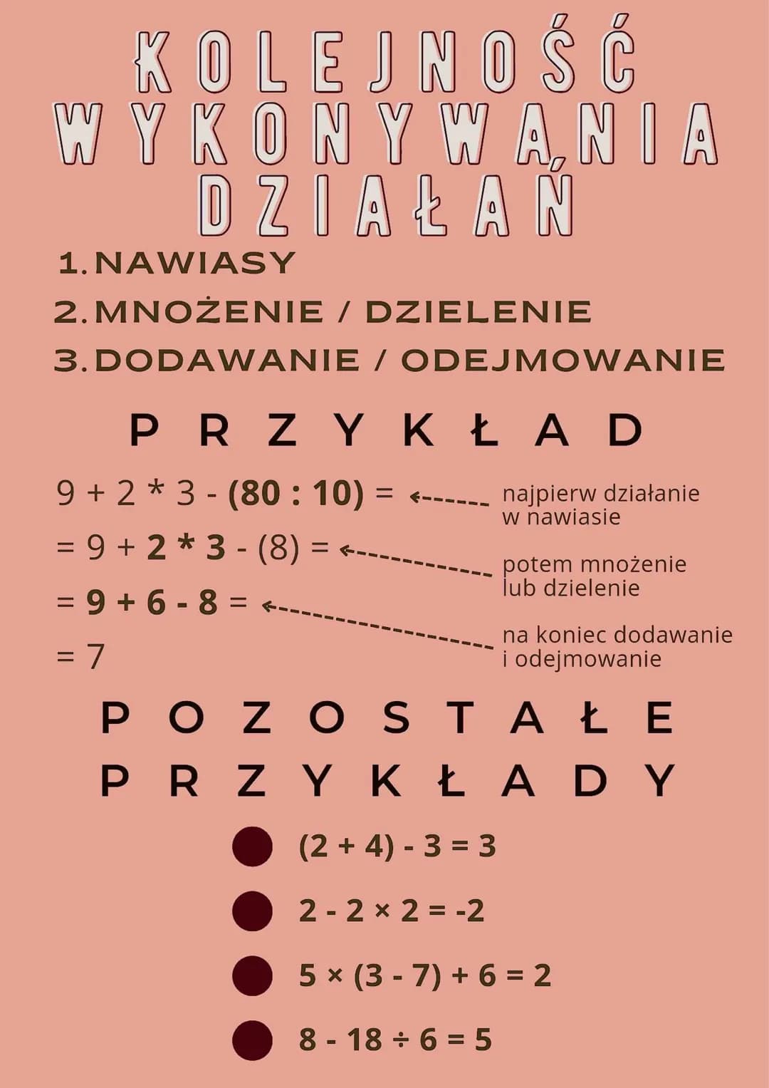 KOLEJNOŚĆ
WYKONYWANIA
DZIAŁAN
1.
NAWIASY
2. MNOŻENIE / DZIELENIE
3. DODAWANIE / ODEJMOWANIE
PRZYKŁAD
9 +2*3- (80 : 10) =
=
= 9+2*3- (8) =
=
