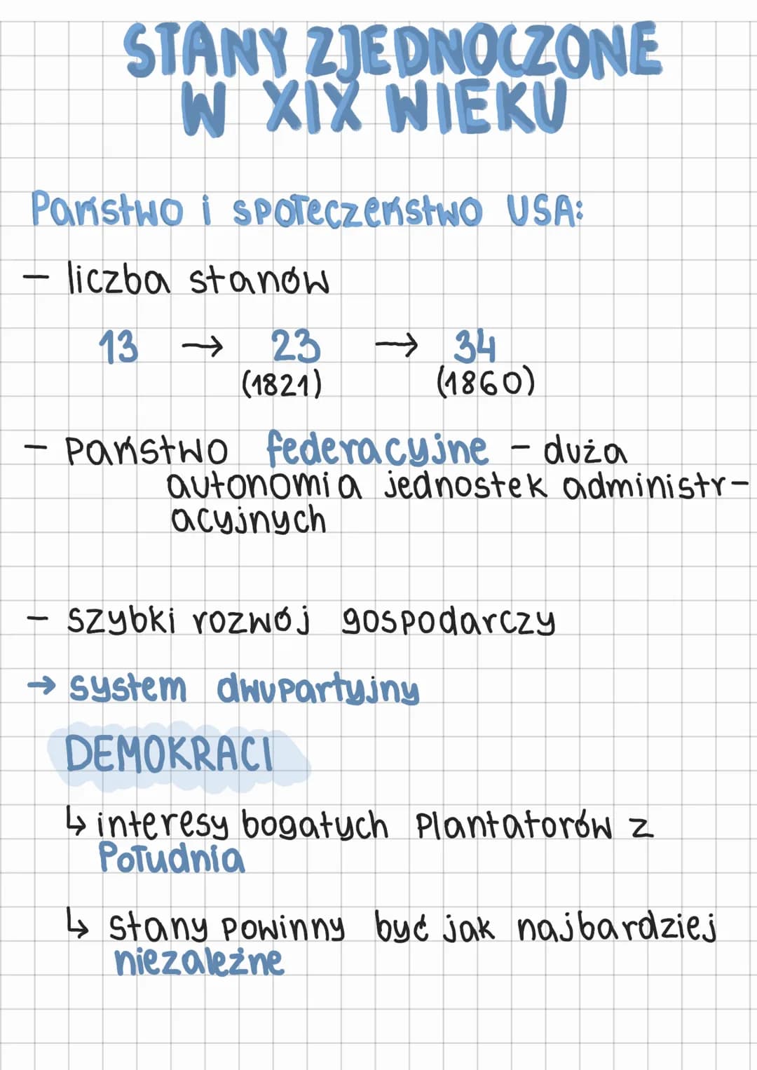 Panstwo i Społeczeństwo USA:
liczba stanow
13 →→ 23 →34
(1821)
(1860)
-
STANY ZJEDNOCZONE
W XIX WIEKU
-
Państwo federacyjne - duża
autonomia