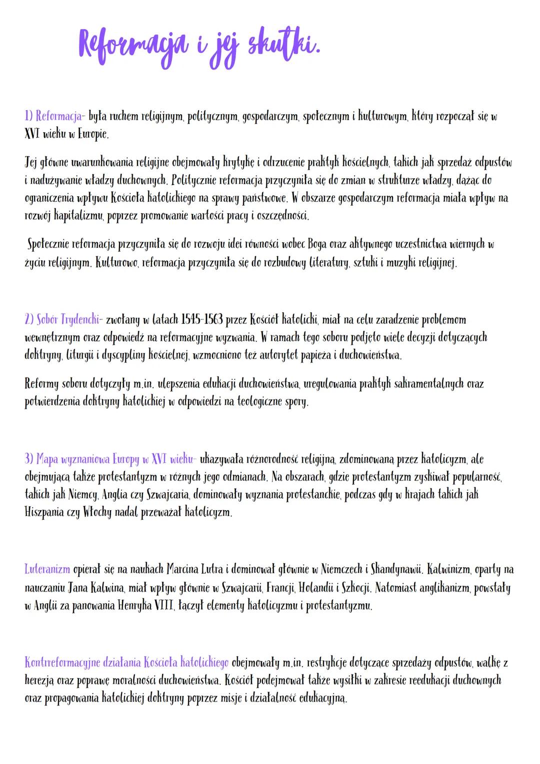 # Reformacja i jej skutki.

1) Reformacja- była ruchem religijnym, politycznym, gospodarczym, społecznym i kulturowym, który rozpoczął się w