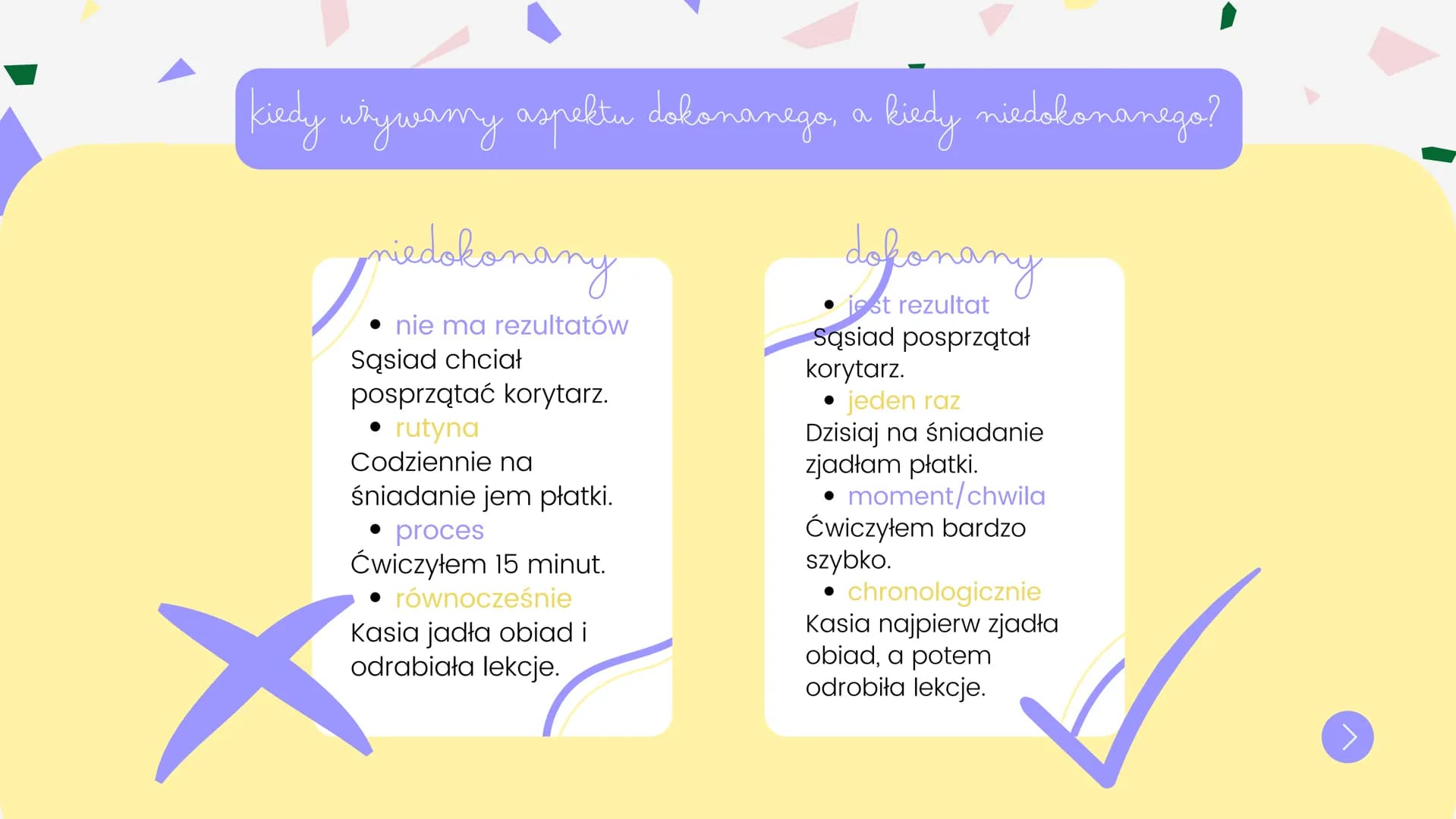 czasowniki dokonane
i niedokonane
autor: @sarsoon_
<
▶ aspekty
aspekt dokonany
Czasowniki dokonane informują, że
czynność została zakończona