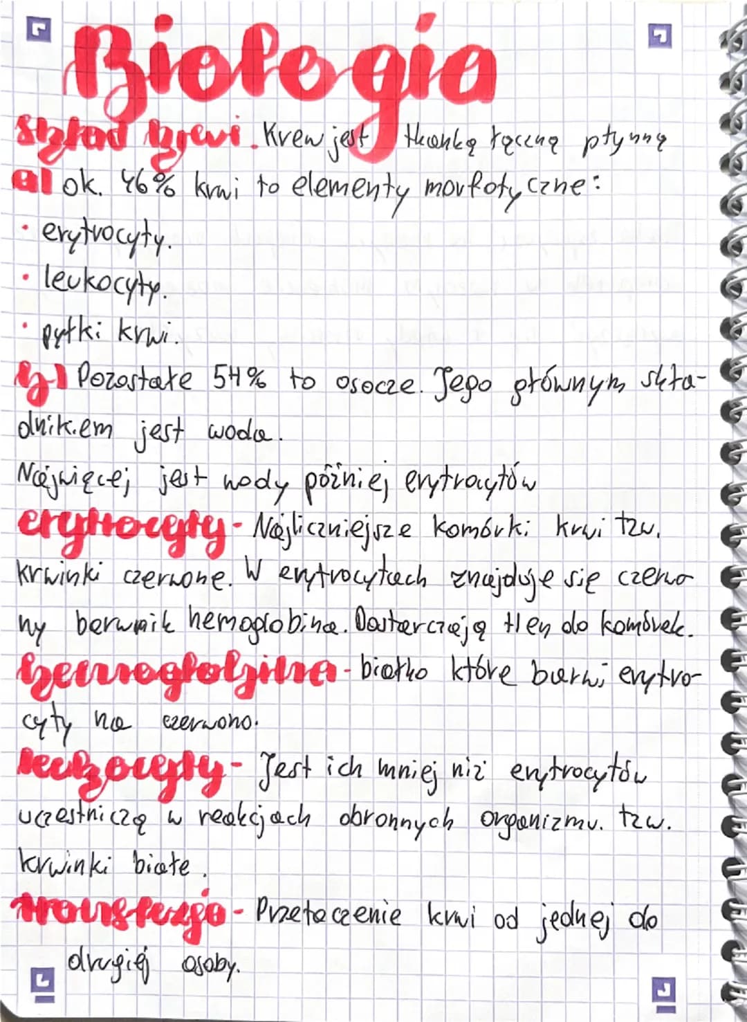 # Biologia
Skład krwi. Krew jest  Hęską ręczną płyny
ok. 46% krwi to elementy morfotyczne:
- erytrocyty.
- leukocyty.
- płytki krwi.
Pozosta