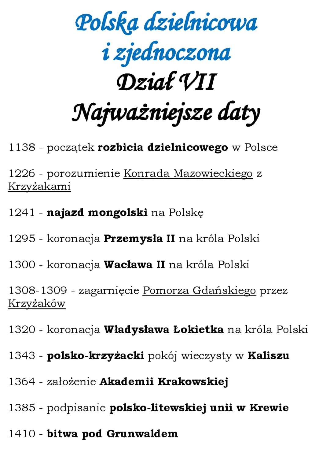 Polska dzielnicowa i zjednoczona Dział VII Najważniejsze daty (kl 5, WSiP)