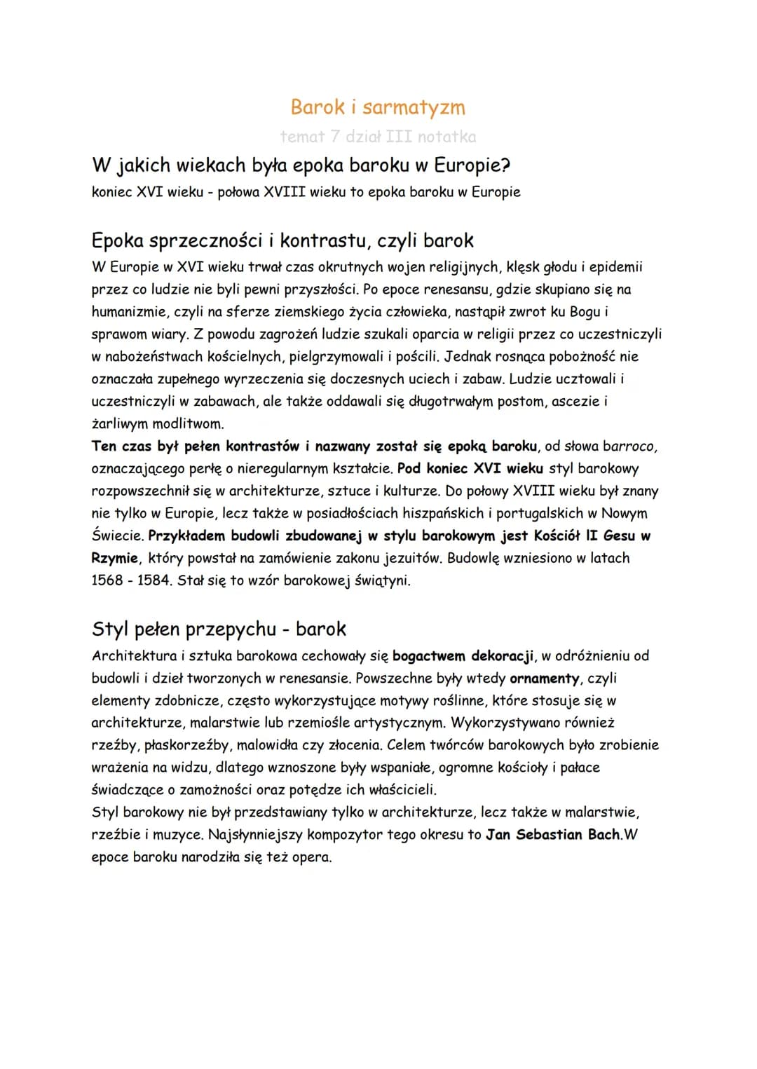 Barok i sarmatyzm
temat 7 dział III notatka
W jakich wiekach była epoka baroku w Europie?
koniec XVI wieku - połowa XVIII wieku to epoka bar
