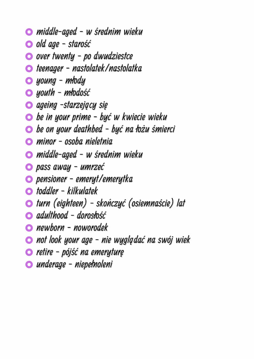 SŁOWNICTWO CZŁOWIEK
STAGES OF LIFE-OKRESY ŻYCIA
O adolescent - osoba w wieku dojrzewania
O adult - dorosły/ osoba dorosła
O age group- grupa