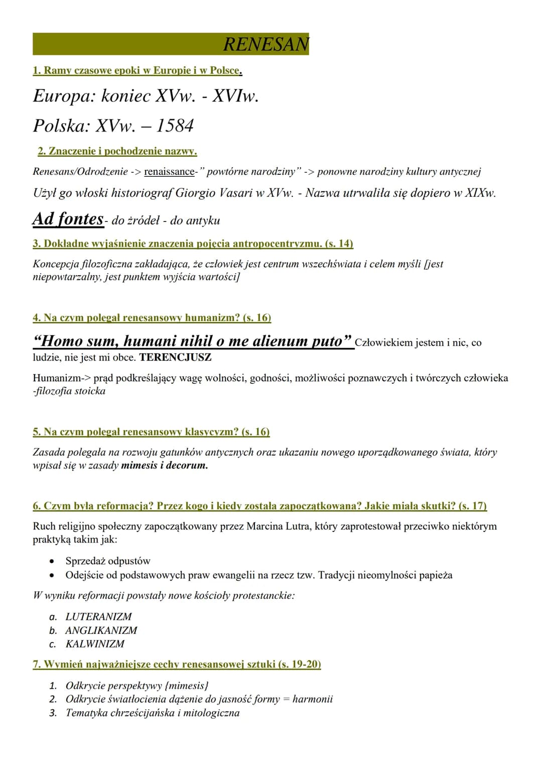 RENESAN
1. Ramy czasowe epoki w Europie i w Polsce.
Europa: koniec XVw. -XVIw.
Polska: XVw. – 1584
2. Znaczenie i pochodzenie nazwy.
Renesan
