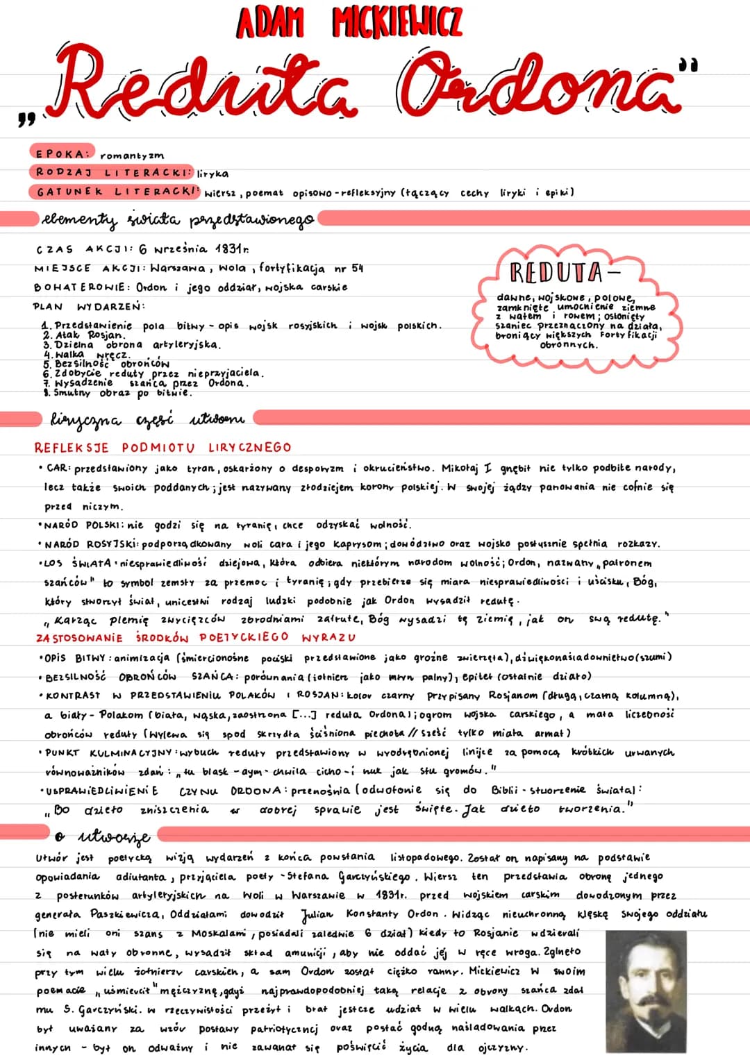 ADAM MICKIEWICZ
Redrita Ordona"
EPOKA: romantyzm
RODZAJ LITERACKI: liryka
GATUNEK LITERACK!: wiersz, poemat opisowo - refleksyjny (tączący c