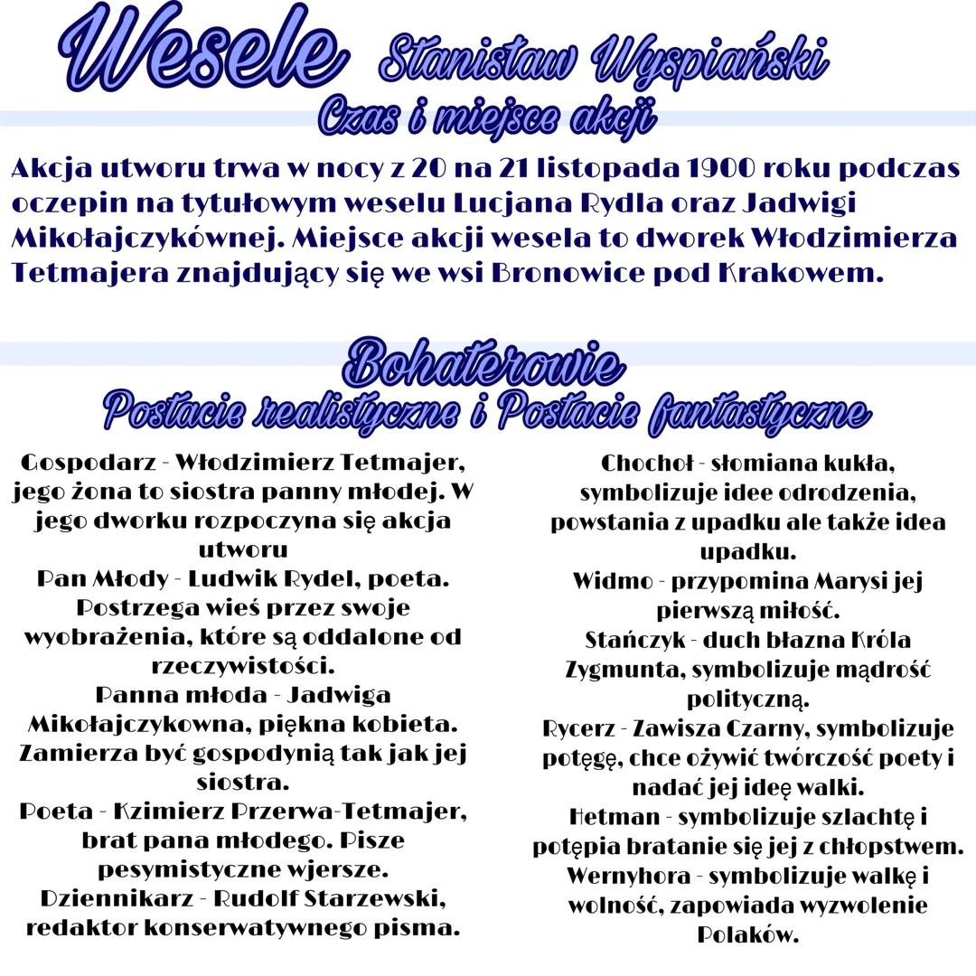 Wesele Stanistan Wyspiański
Streszczenie utworn
W dworku Włodzimierza Tetmajera w nocy z 20 na
21 listopada 1900 rokuodbywa się wesele Lucja