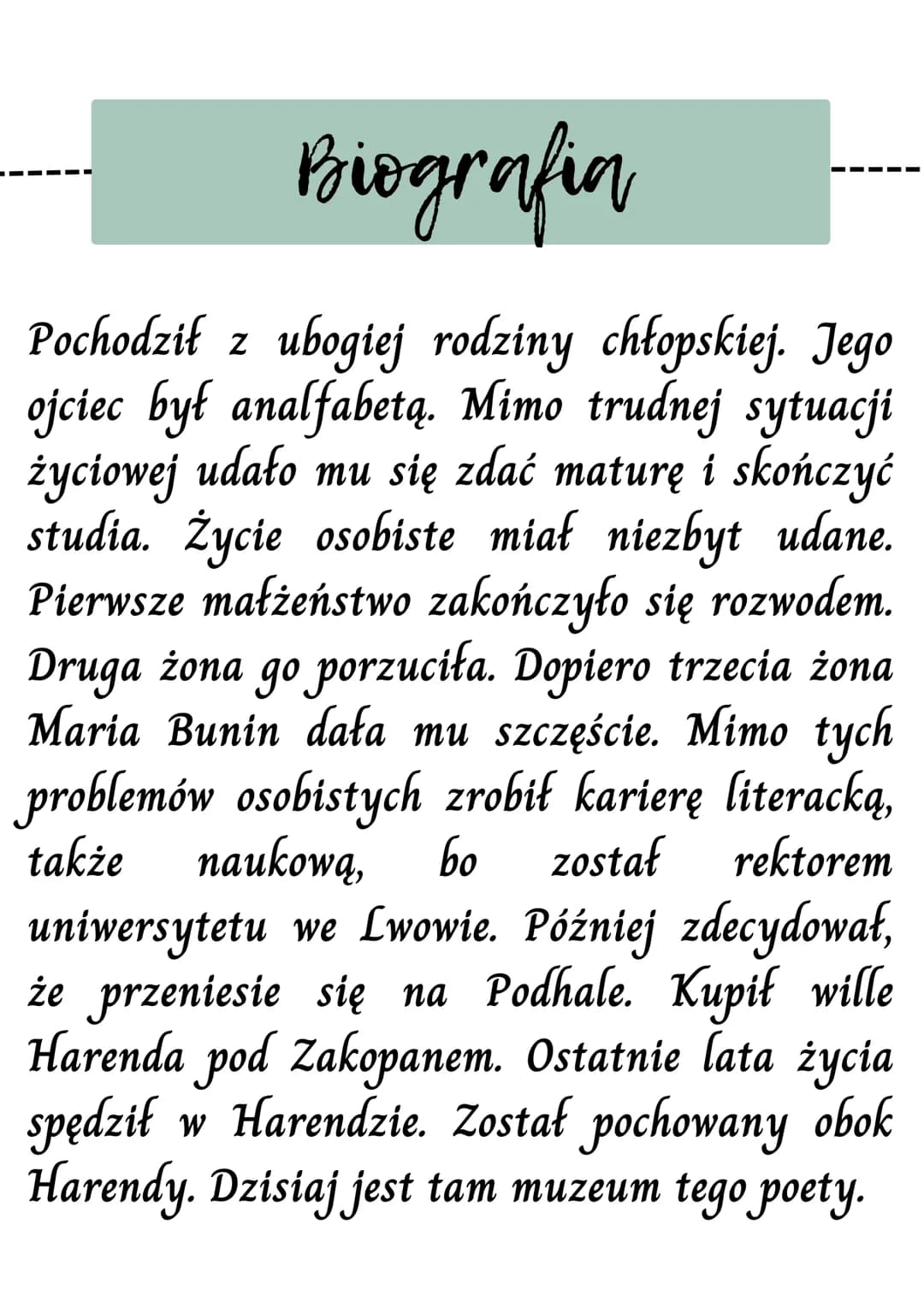 W'
А
shezstan fhdbff
попроливател
rznej deb x
Twórczość Jana Biografia
Pochodził z ubogiej rodziny chłopskiej. Jego
ojciec był analfabetą. M