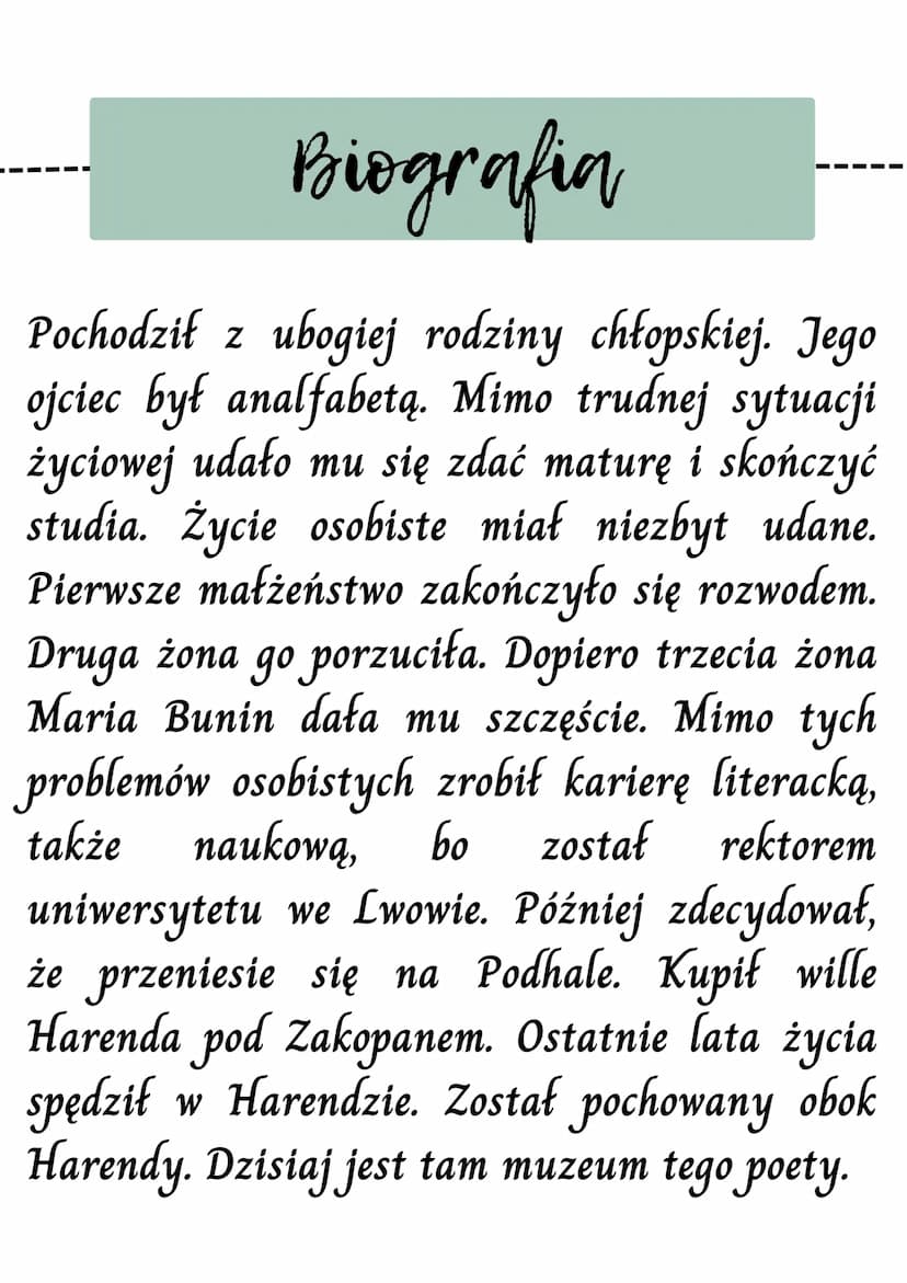 W'
А
shezstan fhdbff
попроливател
rznej deb x
Twórczość Jana Biografia
Pochodził z ubogiej rodziny chłopskiej. Jego
ojciec był analfabetą. M