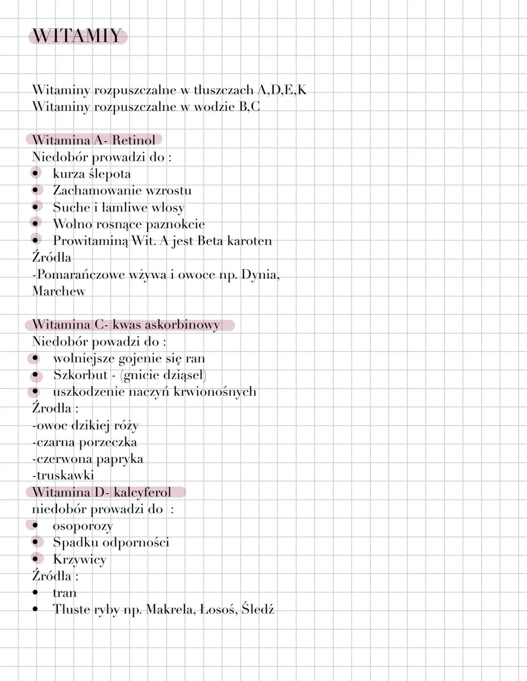 WITAMIY
Witaminy rozpuszczalne w tłuszczach A,D,E,K
Witaminy rozpuszczalne w wodzie B,C
Witamina A- Retinol
Niedobór prowadzi do:
kurza ślep