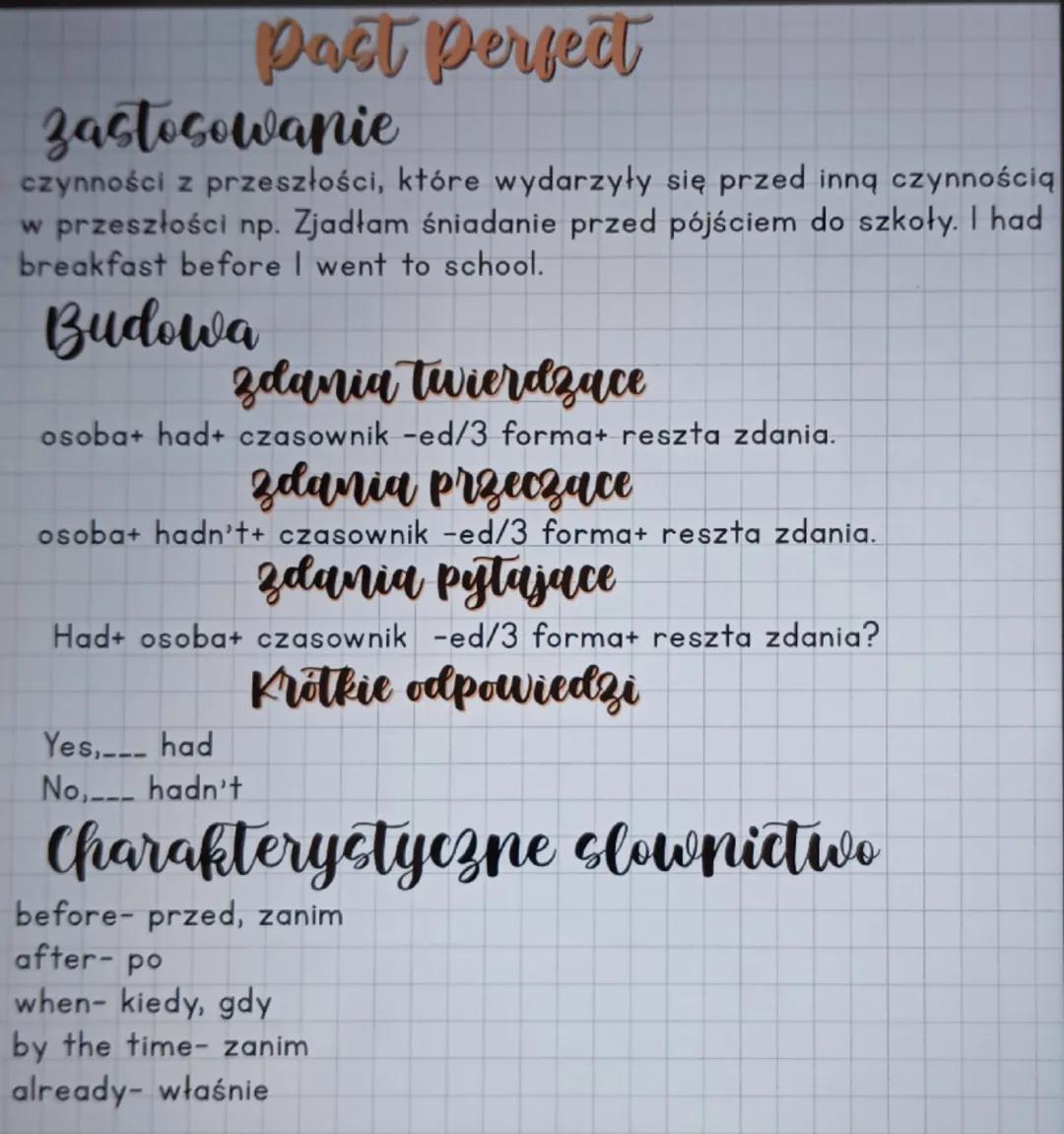 Pact perfect
zastosowanie
czynności z przeszłości, które wydarzyły się przed inną czynnością
w przeszłości np. Zjadłam śniadanie przed pójśc