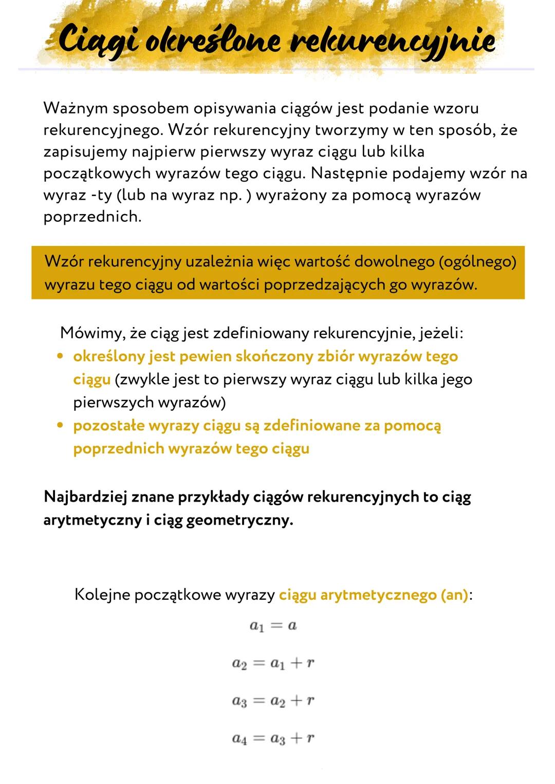 # Ciągi określone rekurencyjnie

Ważnym sposobem opisywania ciągów jest podanie wzoru
rekurencyjnego. Wzór rekurencyjny tworzymy w ten sposó