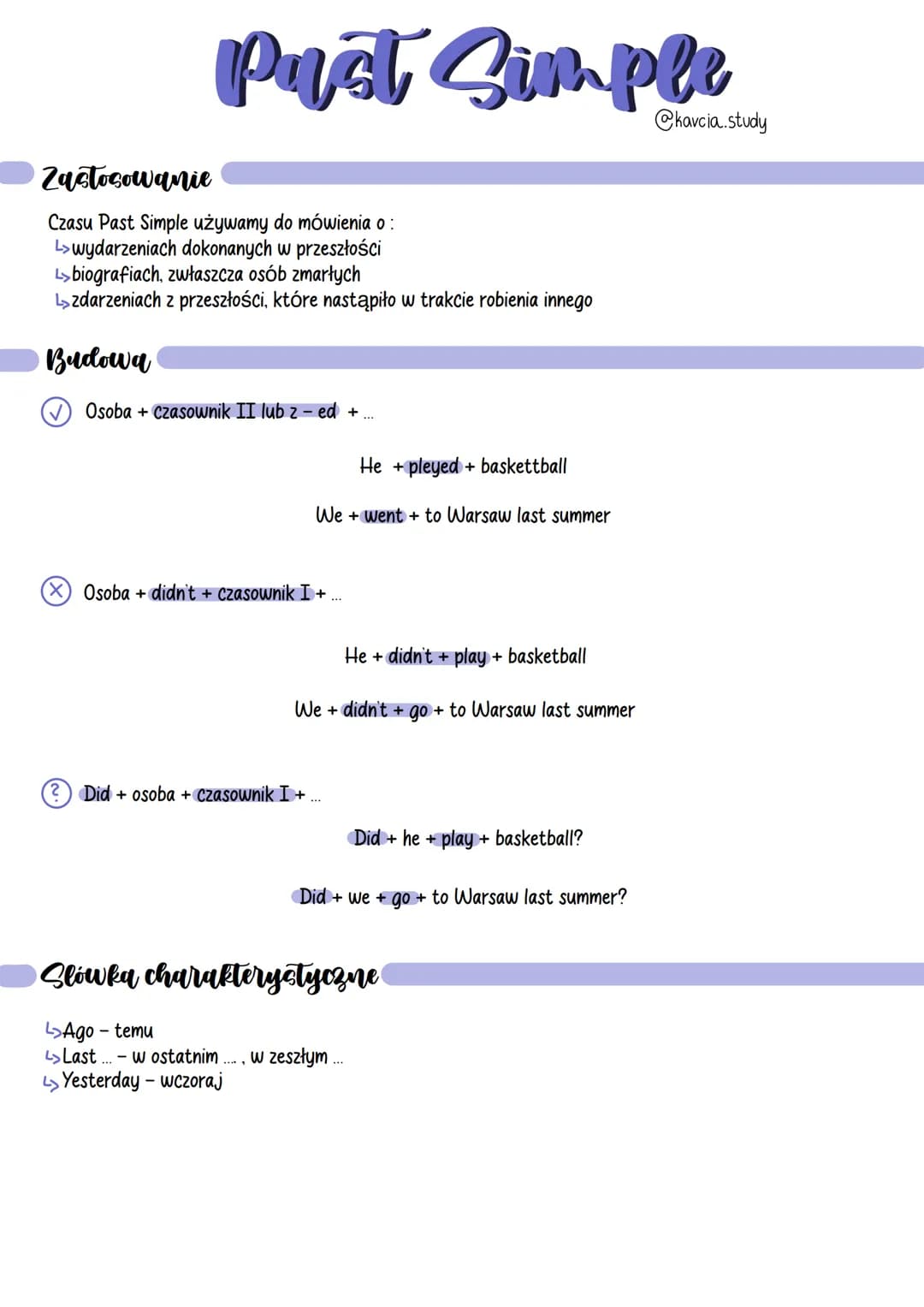 Pust Simple
Zastosowanie
Czasu Past Simple używamy do mówienia o :
L>wydarzeniach dokonanych w przeszłości
L>biografiach, zwłaszcza osób zma