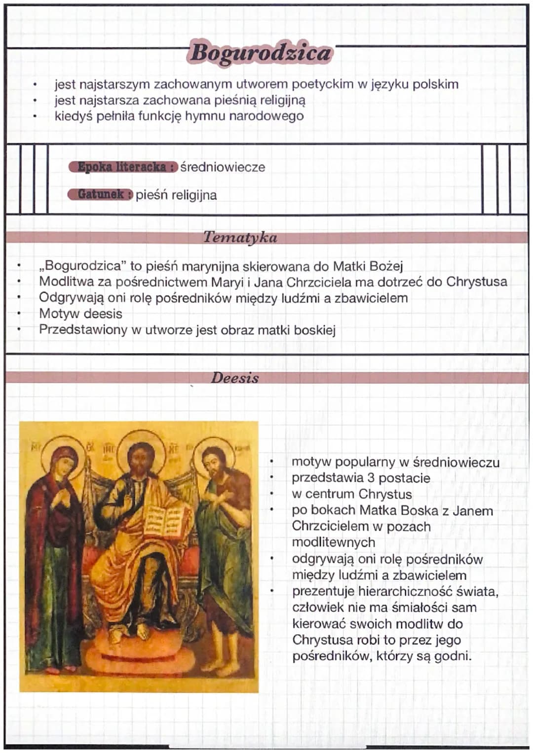Bogurodzica
jest najstarszym zachowanym utworem poetyckim w języku polskim
jest najstarsza zachowana pieśnią religijną
kiedyś pełniła funkcj