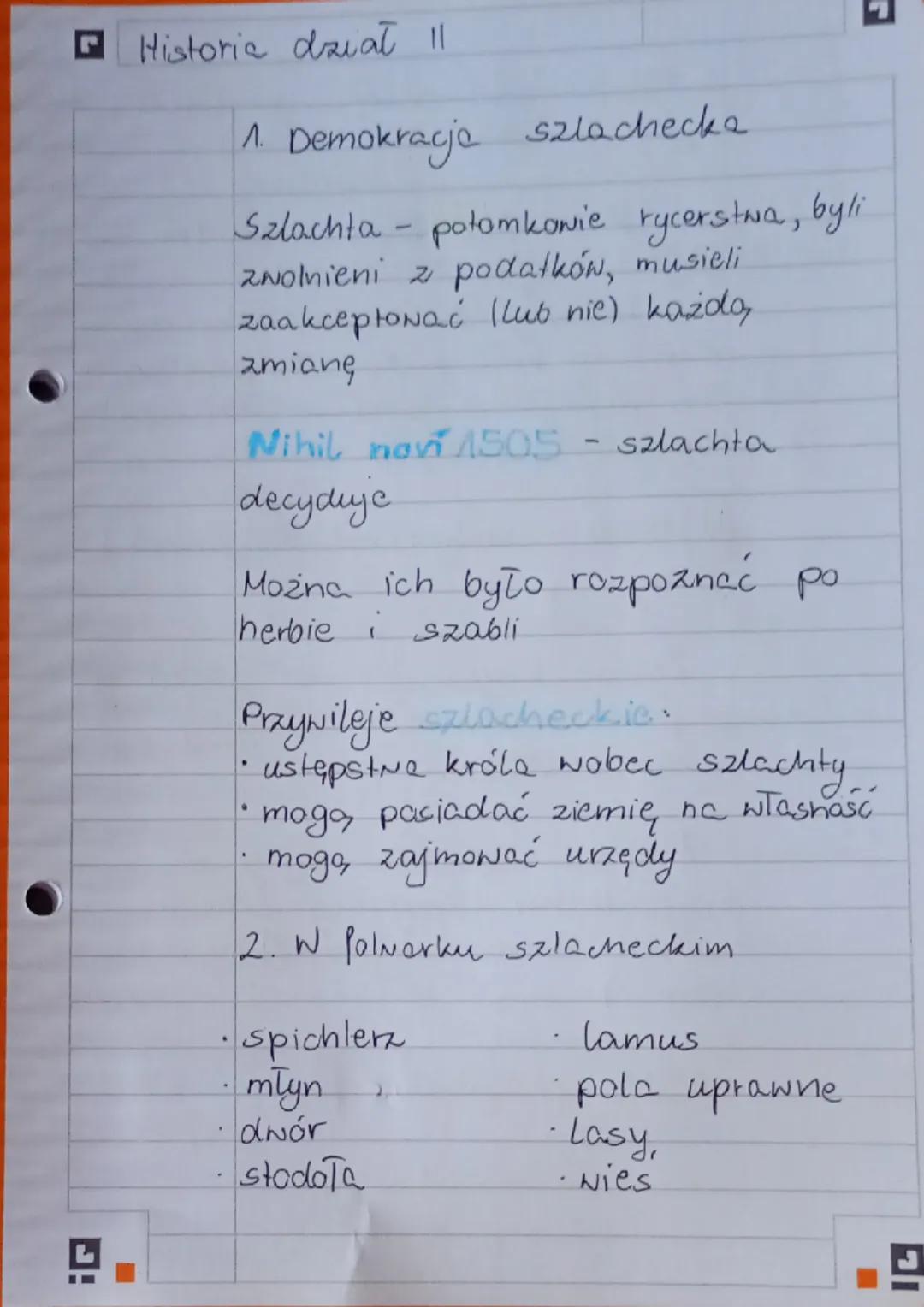 # Historic dział 11

1. Demokracja szlachecka

Szlachta - potomkowie rycerstwa, byli
zwolnieni z podatków, musieli
zaakceptować lub nie) każ