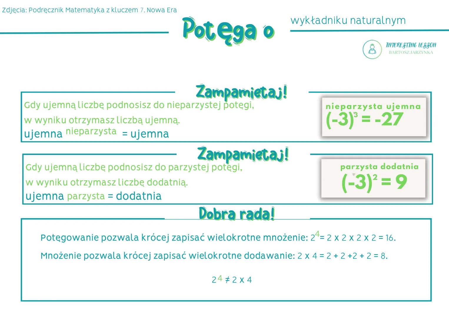 Zdjęcia: Podręcznik Matematyka z kluczem 7. Nowa Era
Potęga o
Potega:
Iloczyn 5 x 5, zapisany w skrócie jako 5², to kwadrat liczby 5² (druga