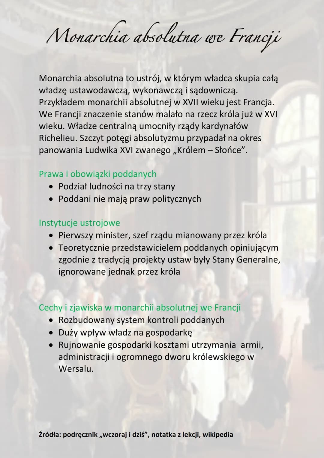 Monarchia absolutna we Francji
Monarchia absolutna to ustrój, w którym władca skupia całą
władzę ustawodawczą, wykonawczą i sądowniczą.
Przy