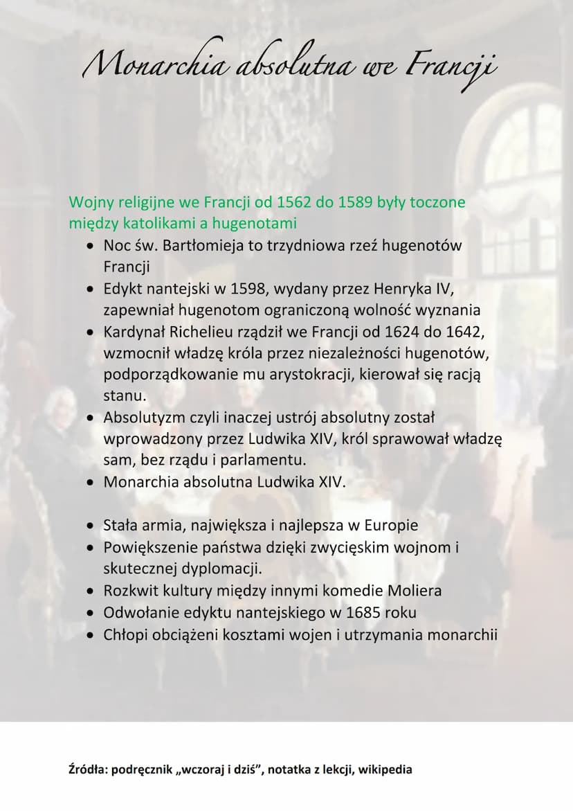 Monarchia absolutna we Francji
Monarchia absolutna to ustrój, w którym władca skupia całą
władzę ustawodawczą, wykonawczą i sądowniczą.
Przy
