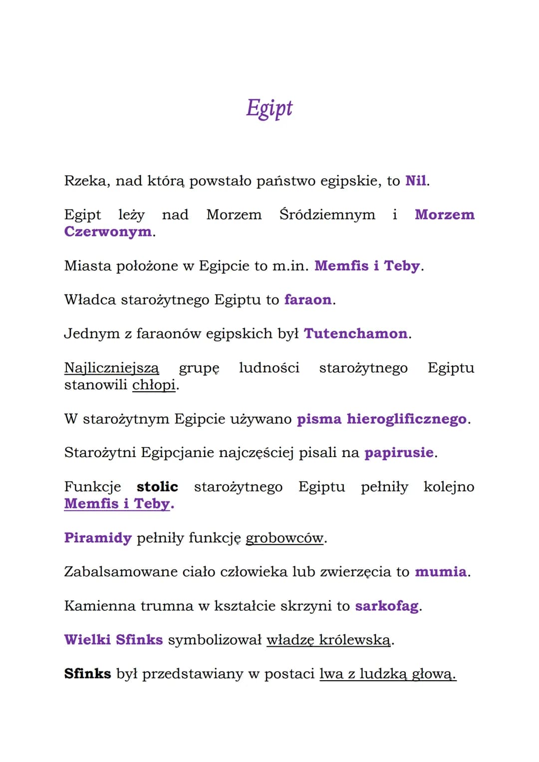 Egipt
Rzeka, nad którą powstało państwo egipskie, to Nil.
Egipt leży nad Morzem Śródziemnym i Morzem
Czerwonym.
Miasta położone w Egipcie to
