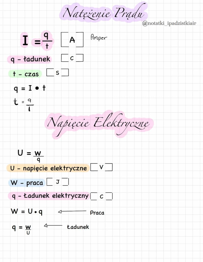 I = ²/1/
9
9
q - ładunek [c
†
-
czas
= I. t
=
t-q
Naterenie Pradu
S
9= w
U
A
Amper
U = W
9
U - napięcie elektryczne [V]
W - praca J
q Ładune