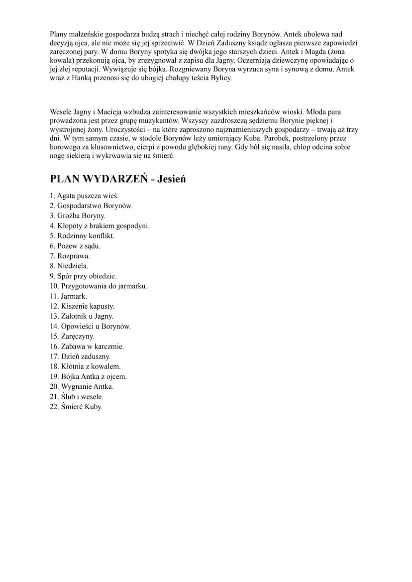 CHŁOPI
STRESZCZENIE - Tom I-
Jesień
Trwają wykopki. Mieszkańcy wioski pracują przez cały dzień przy zbieraniu ziemniaków. Pracującym
przyglą