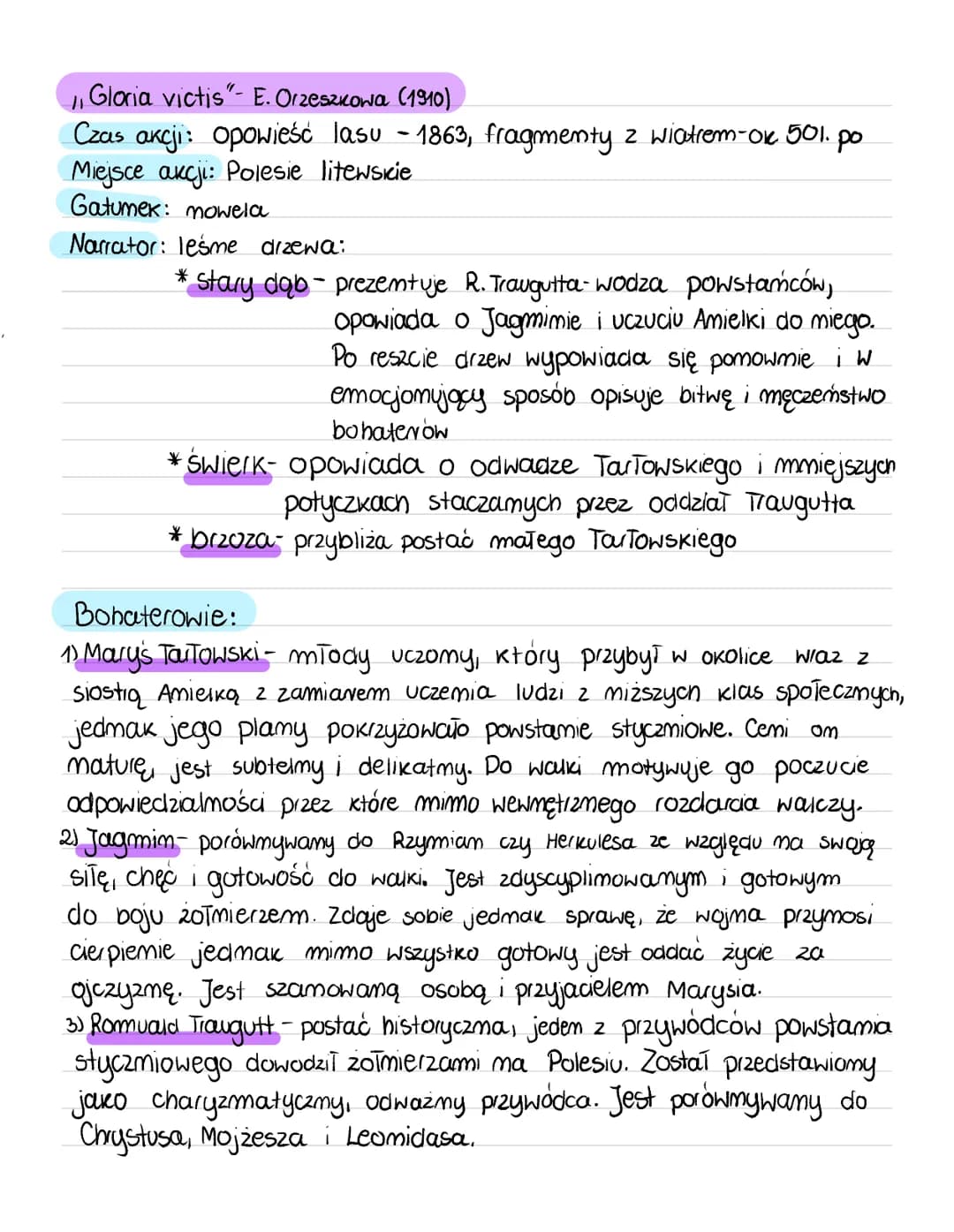 "
Gloria victis"- E. Orzeszkowa (1910)
Czas akcji: Opowieść lasu -1863, fragmenty z wiatrem-ok 501. po
Miejsce akcji: Polesie litewskie
Gatu