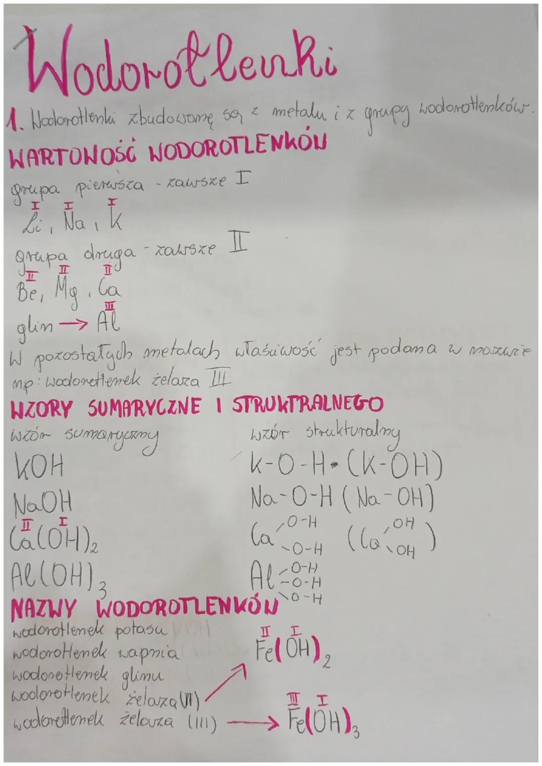 # Wodorotlenki

1. Wodorotlinkai zbudowane są z metalu i z grupy wodorotlenków.

## WARTONOŚĆ WODOROTLENKOW

grupa pierusza - zawsze I

Jak
