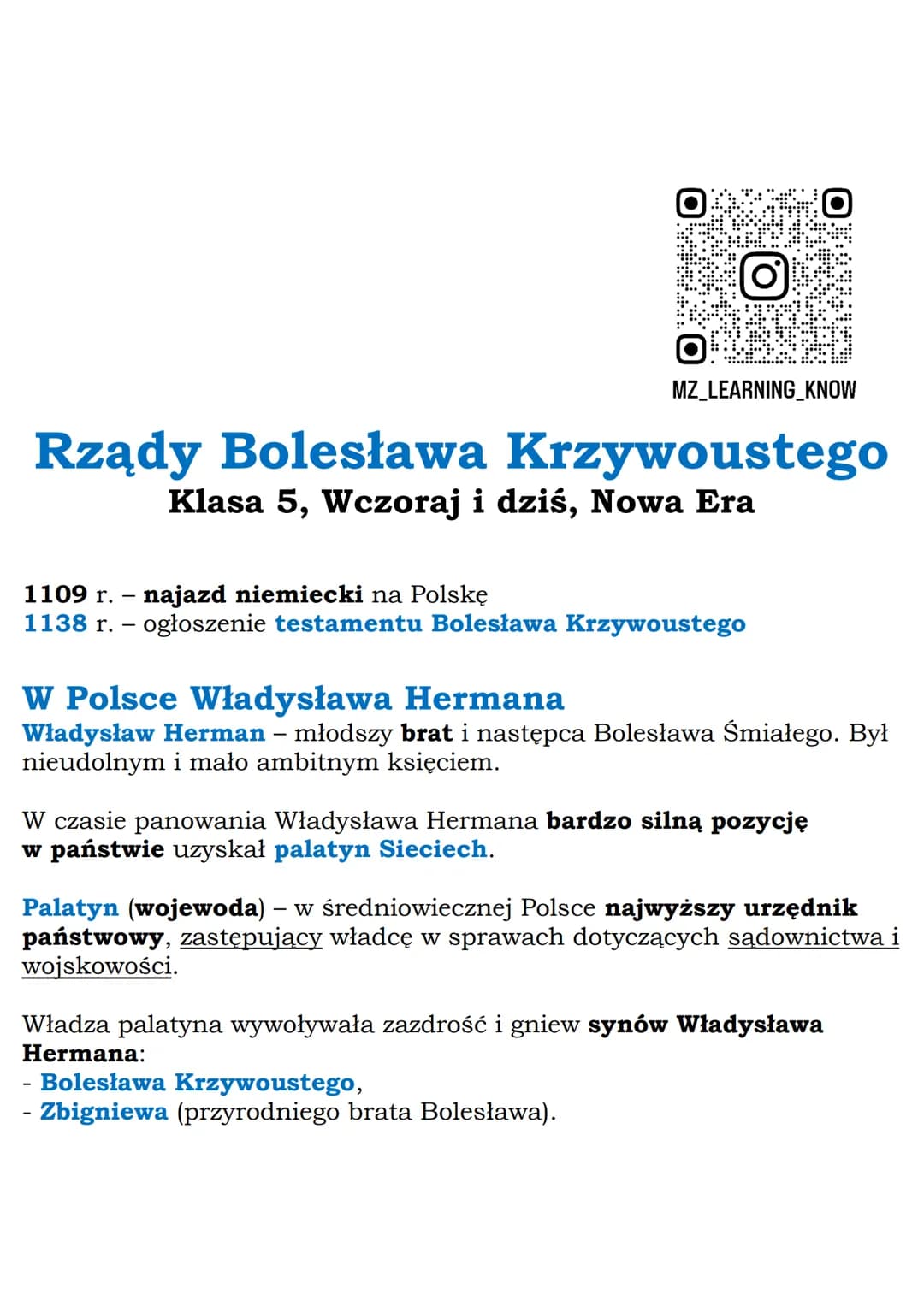 --- OCR Start ---
MZ_LEARNING_KNOW
Rządy Bolesława Krzywoustego
1109 r.
1138 г.
Klasa 5, Wczoraj i dziś, Nowa Era
najazd niemiecki na Polskę