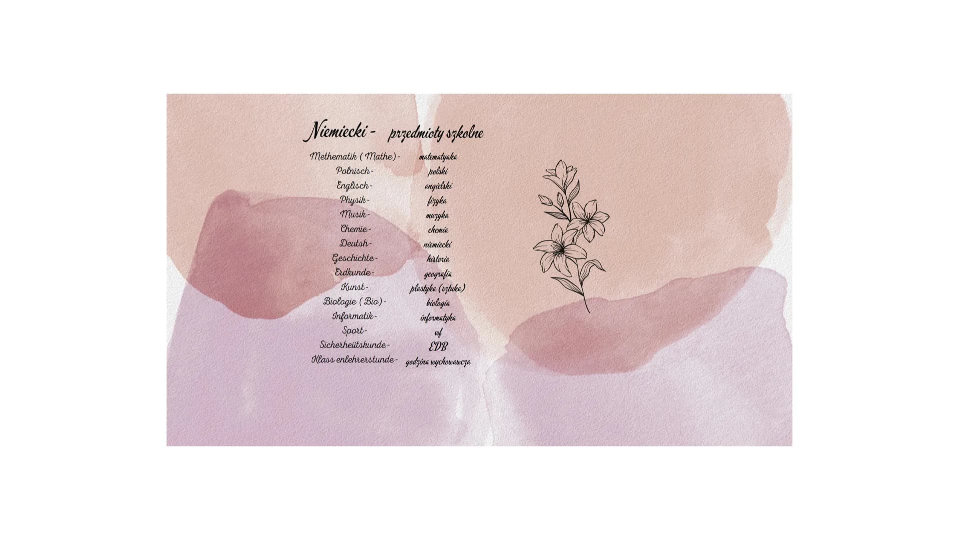 Niemiecki - przedmioty szkolne
Methematik (Mathe)- matematyaka
polski
angielski
fizyka
muzyka
chemia
Polnisch-
Englisch-
Physik-
Musik-
Chem