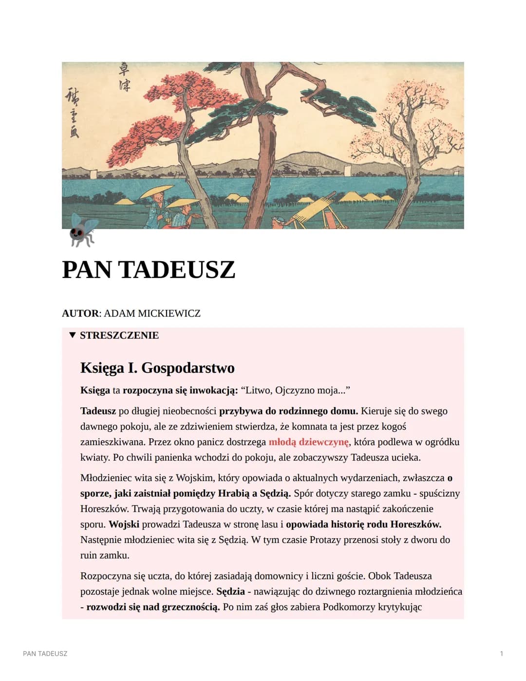 秭主画
Dt fot
津
PAN TADEUSZ
PAN TADEUSZ
AUTOR: ADAM MICKIEWICZ
▼ STRESZCZENIE
Księga I. Gospodarstwo
Księga ta rozpoczyna się inwokacją: "Litwo