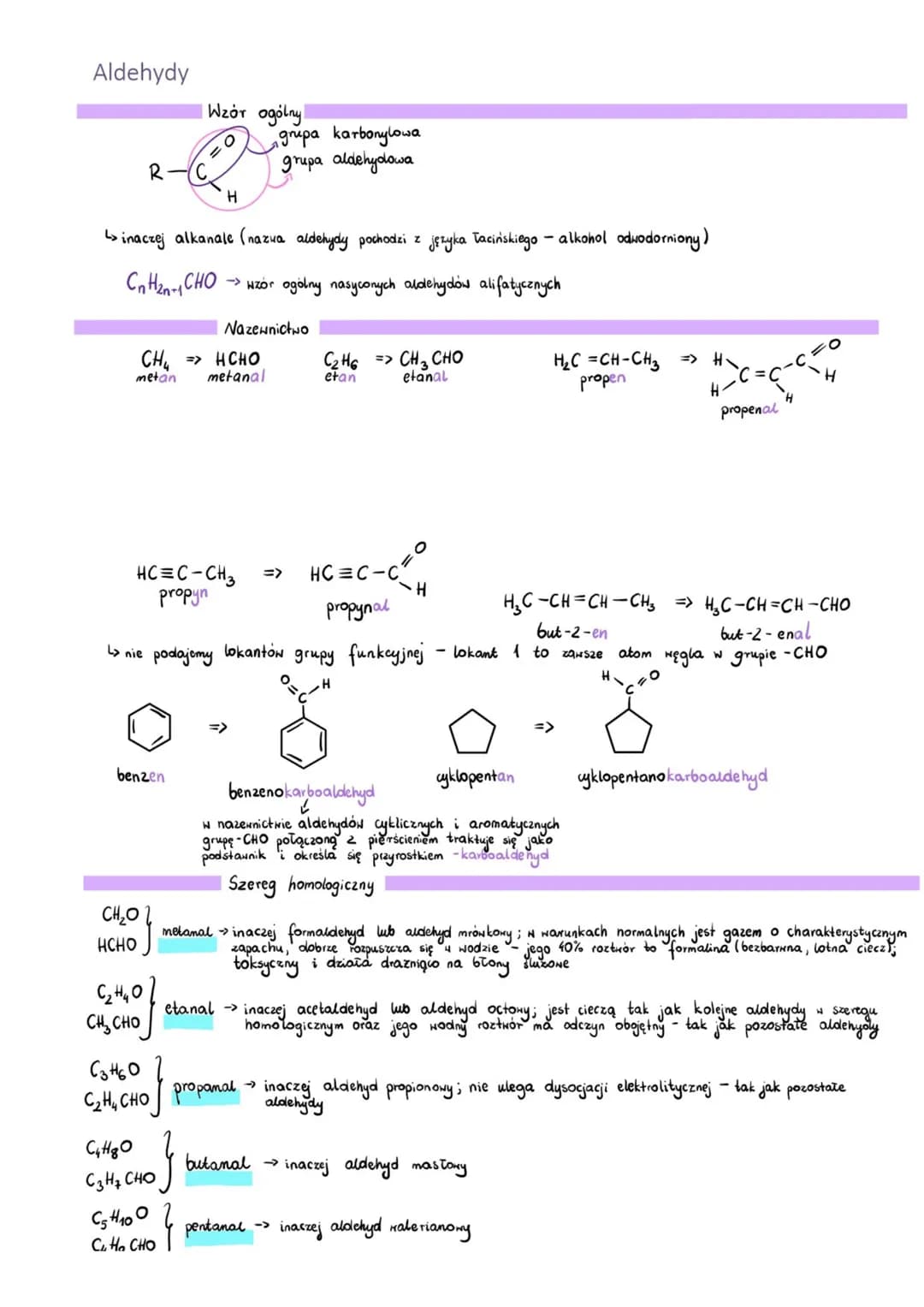 Aldehydy
L> inaczej alkanale (nazwa aldehydy pochodzi z języka łacińskiego - alkohol odwodorniony)
CnH2n- CHO
→wzór ogólny nasyconych aldehy