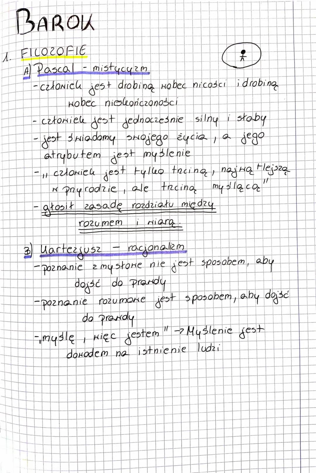 BAROK
1. FILOZOFIE
ok
A) Pascal - mistycyzm
-człoNich jest drobing Hobec nicości i drobing
wobec niesleończoności
- człowiek jest jednocześn