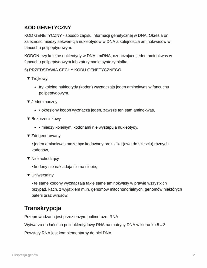 Ekspresja genów
Ekspresja genów - procesy prowadzace do odczytania informacji genetycznej zawartej
w genie, czut powstania kodowanego prez g