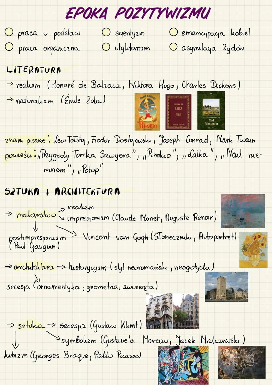O
EPOKA POZYTYWIZMU
praca u podstaw
praca orgamicrna
LITERATURA
→ realam (Honoré de Balzaca, Wiktora Hugo, Charles Dickens)
→ naturalizm (Ém