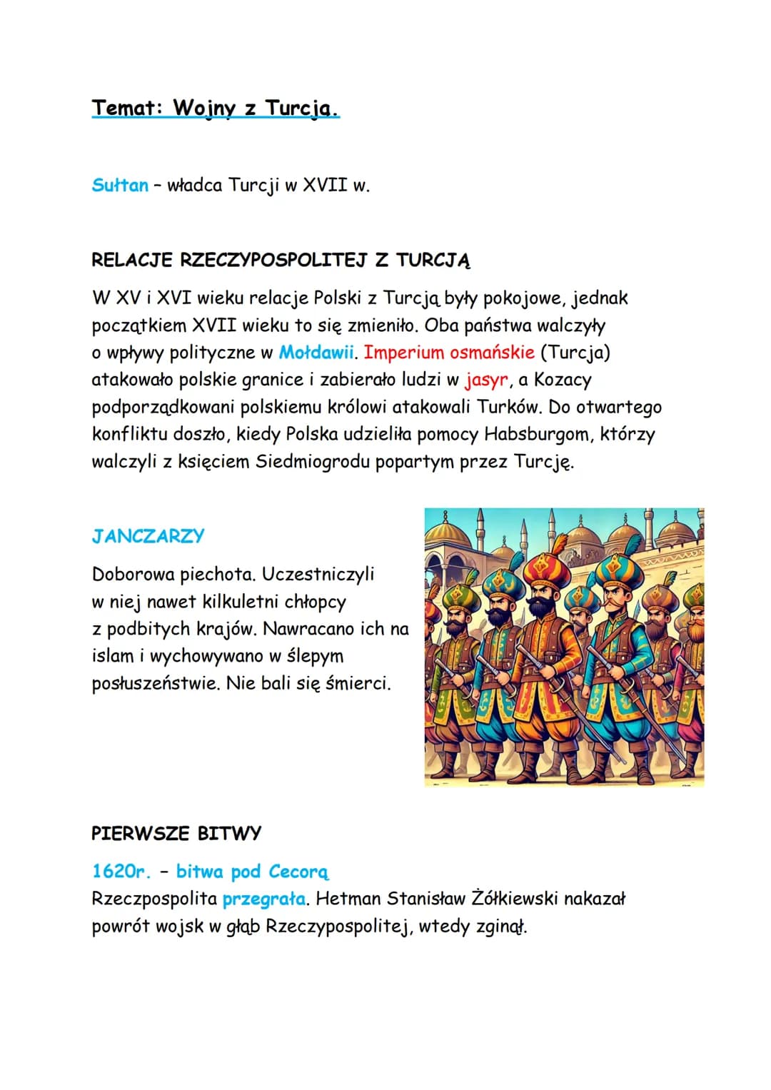 # Temat: Wojny z Turcja.

Sułtan - władca Turcji w XVII w.

# RELACJE RZECZYPOSPOLITEJ Z TURCJĄ

W XV i XVI wieku relacje Polski z Turcją by