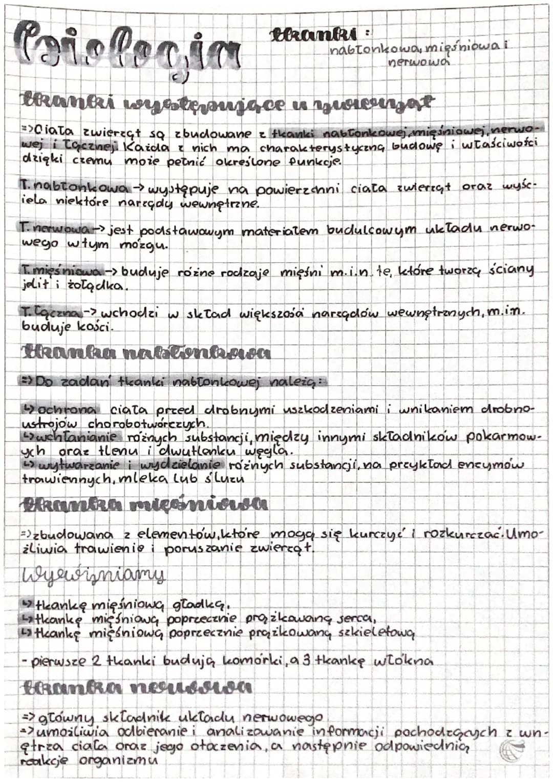 Coiologia
tRanki występujące u zwierzat
=>Ciała zwierząt są zbudowane z tkanki nastonkowej, mięśniowej, nerwo.
wej i łącznej Każda z nich ma