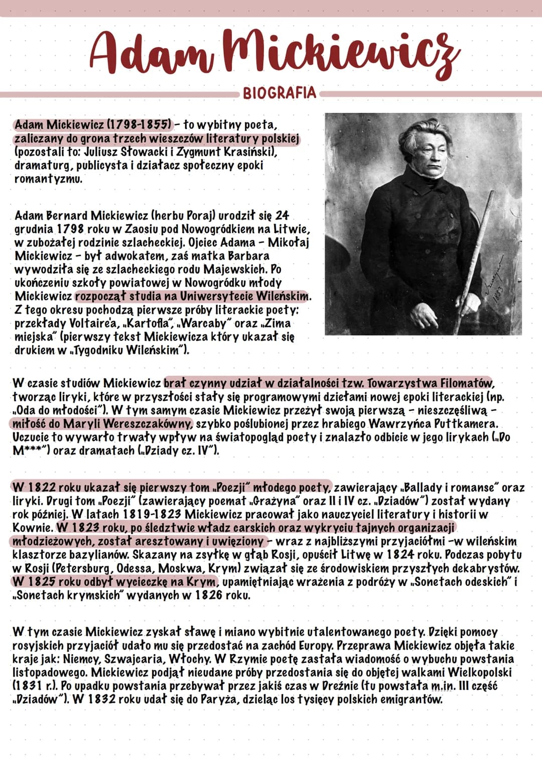 Adam Mickiewicz
BIOGRAFIA
Adam Mickiewicz (1798-1855) – to wybitny poeta,
zaliczany do grona trzech wieszczów literatury polskiej
(pozostali
