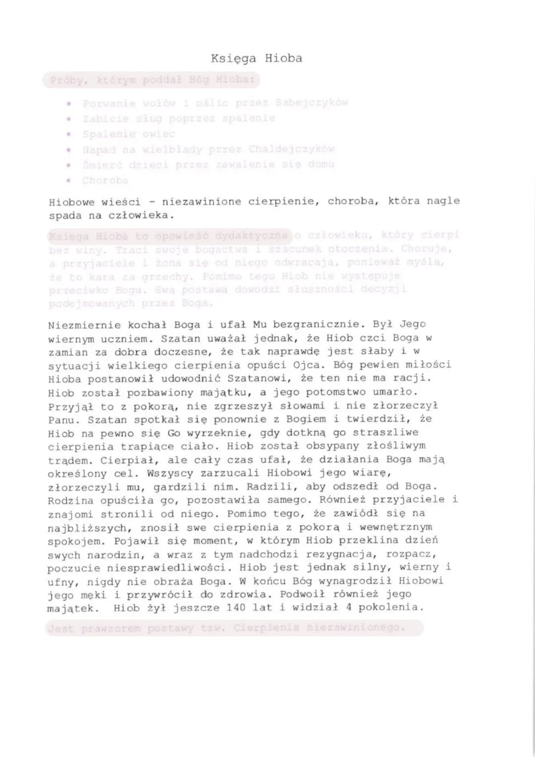 Księga Hioba
Próby, którym poddał Bóg Hioba:
Porwanie wołów i oślic przez Sabejczyków
Zabicie sług poprzez spalenie
• Spalenie owiec
•
Napad