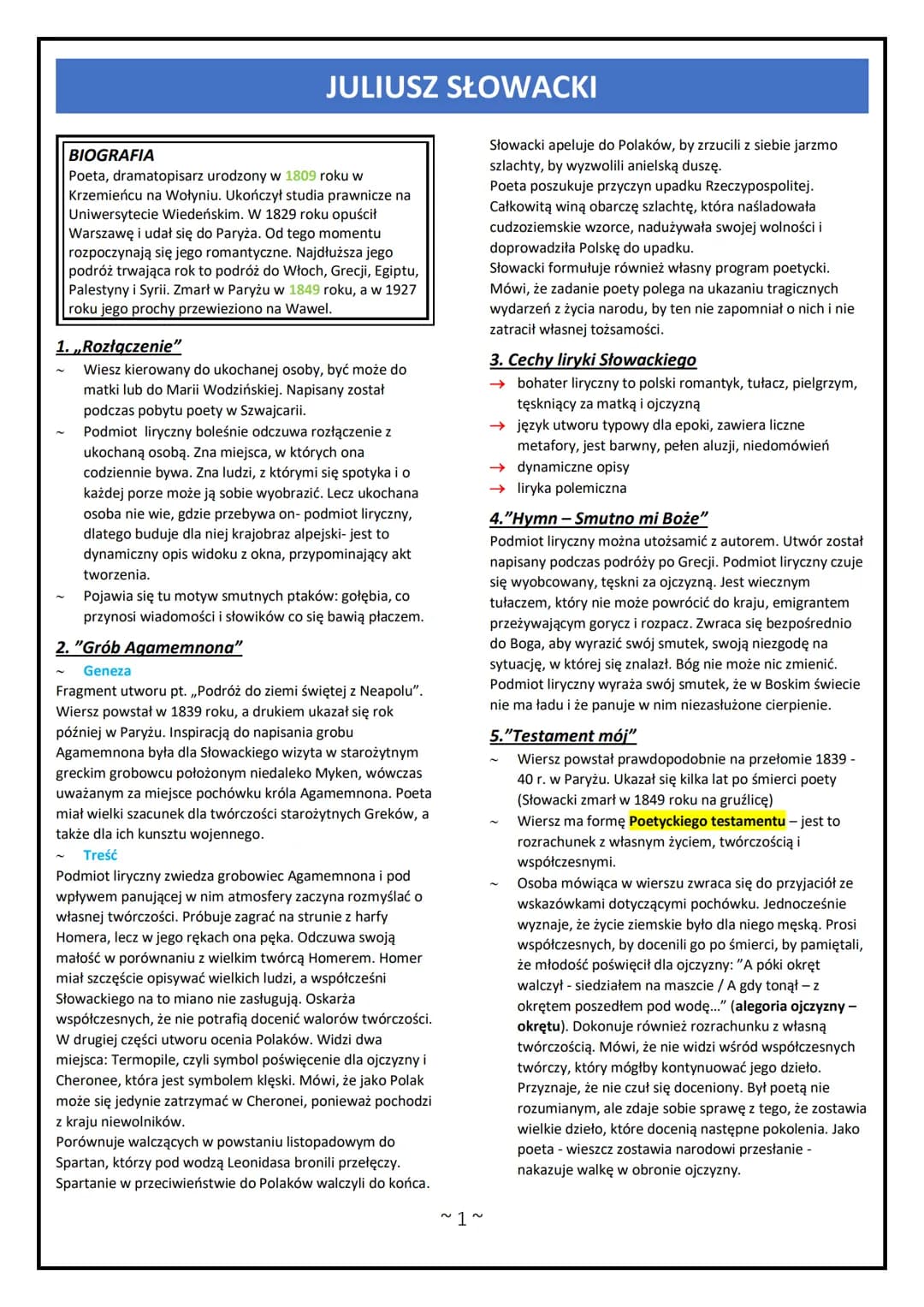 JULIUSZ SŁOWACKI
BIOGRAFIA
Poeta, dramatopisarz urodzony w 1809 roku w
Krzemieńcu na Wołyniu. Ukończył studia prawnicze na
Uniwersytecie Wie