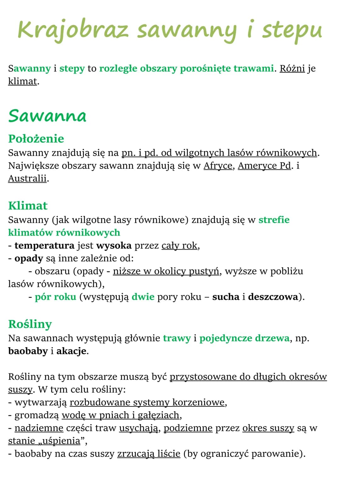 Krajobraz sawanny i stepu
Sawanny i stepy to rozległe obszary porośnięte trawami. Różni je
klimat.
Sawanna
Położenie
Sawanny znajdują się na