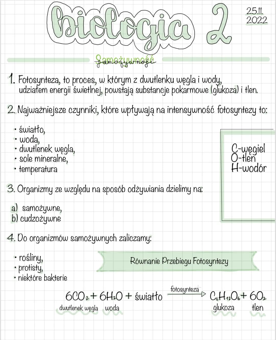 biologia 2
jamożywnoje
1. Fotosynteza, to proces, w którym z dwutlenku węgla i wody,
udziałem energii świetlnej, powstają substancje pokarmo