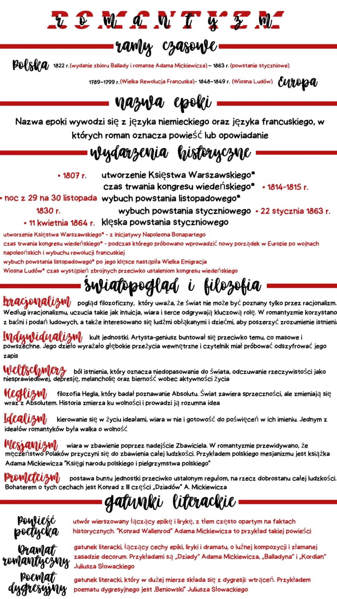 
<p>Ramy czasowe romantyzmu w Polsce obejmują lata od 1822 r. (wydanie zbioru Ballady i romanse Adama Mickiewicza) do 1863 r. (powstanie sty