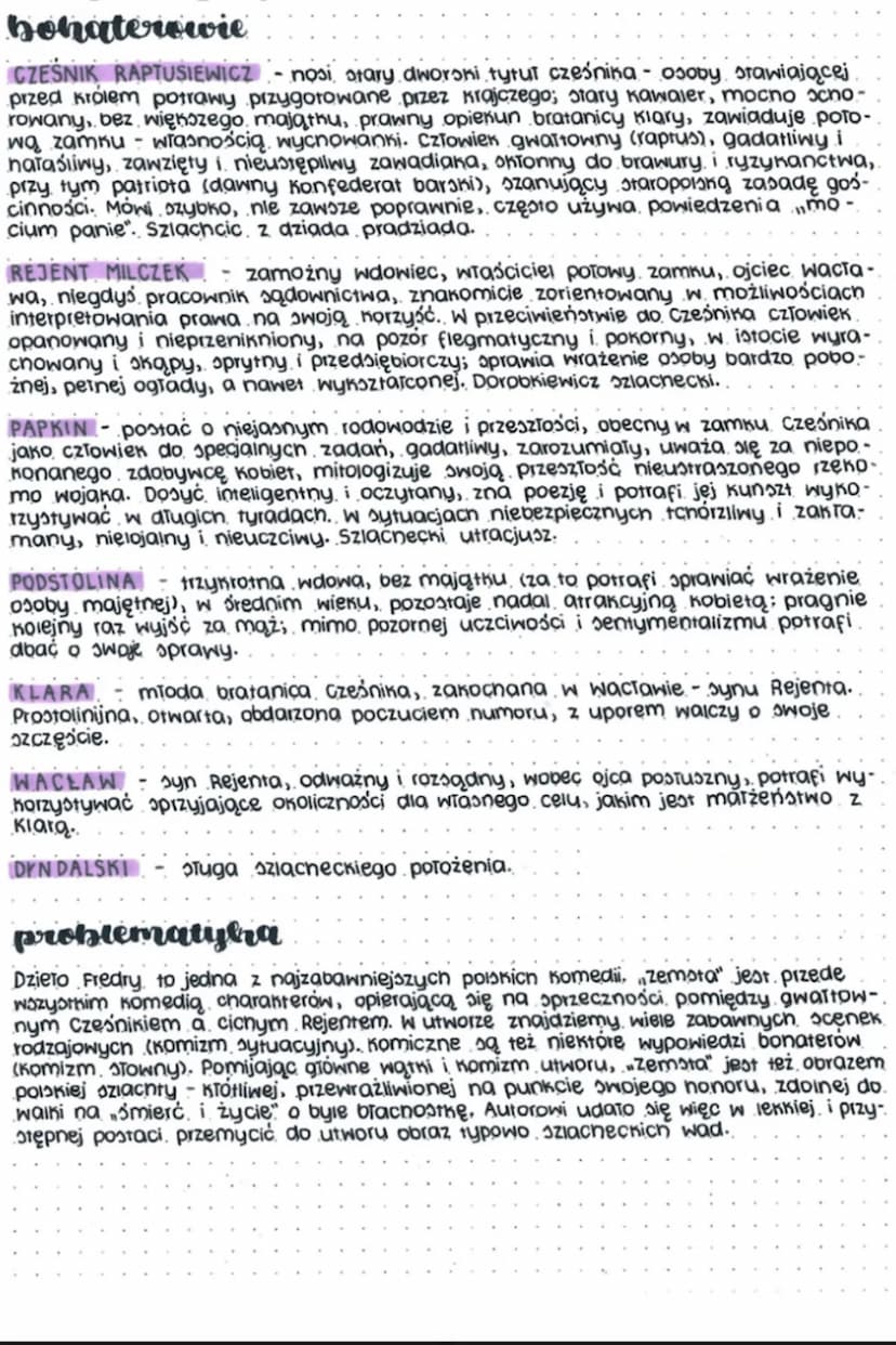 bohaterowie
CZEŚNIK, RAPTUSIEWICZ - nosi stary dworoni tytuł cześnika - osoby stawiającej
przed królem potrawy przygotowane przez krajczego;