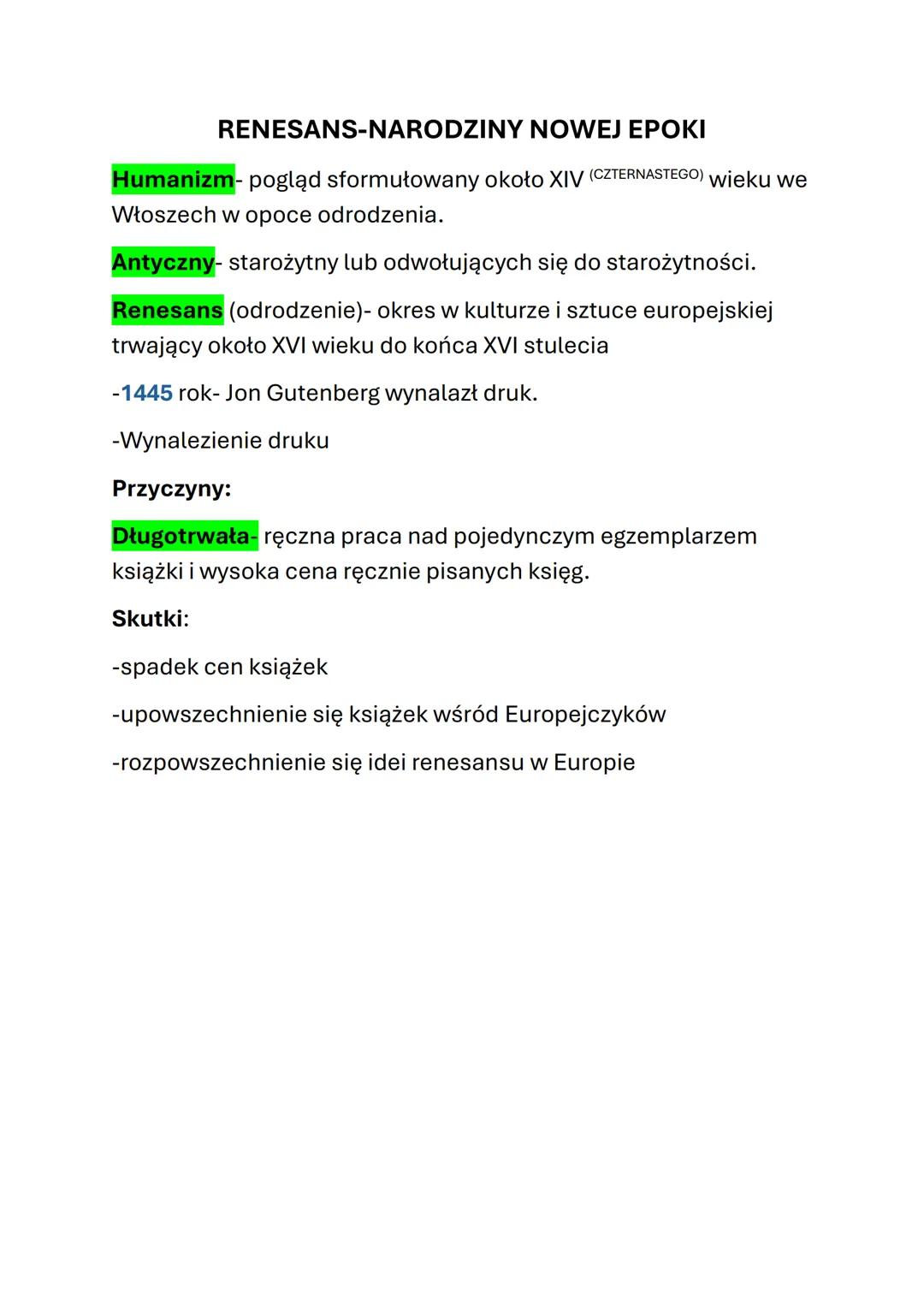 RENESANS-NARODZINY NOWEJ EPOKI
Humanizm- pogląd sformułowany około XIV (CZTERNASTEGO) wieku we
Włoszech w opoce odrodzenia.
Antyczny- staroż
