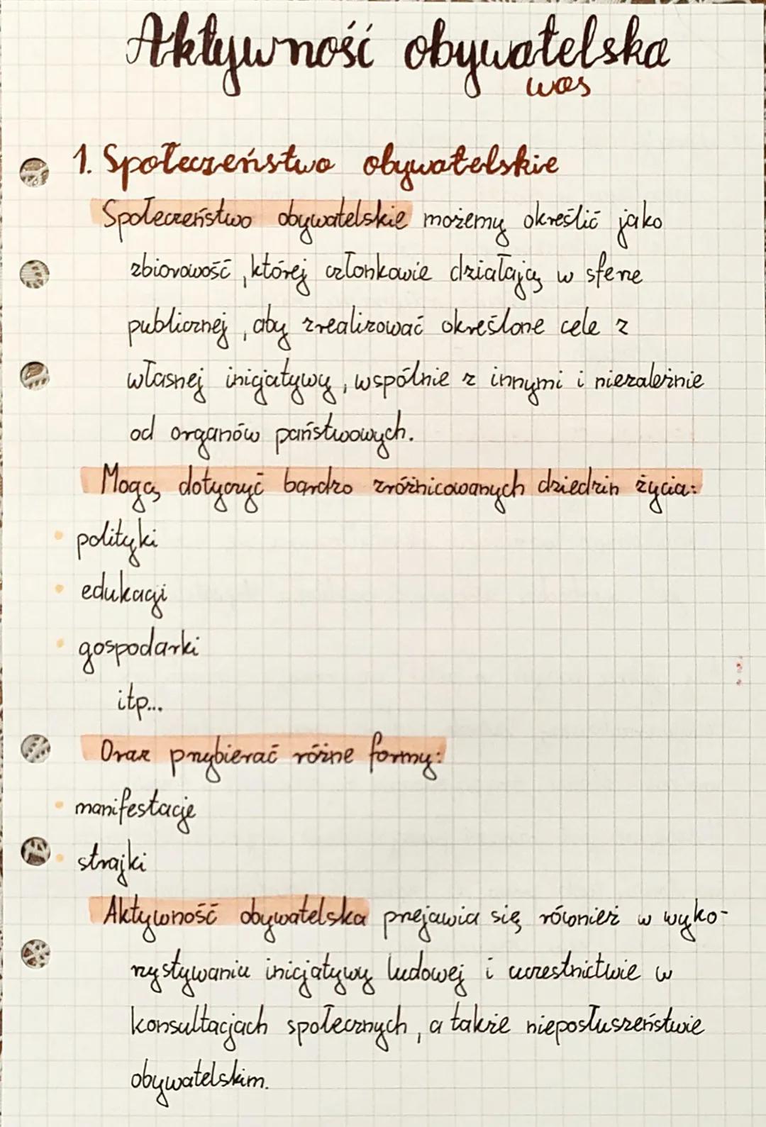 Aktywność obywatelska
1. Społeczeństwo obywatelskie
Społeczeństwo obywatelskie możemy określić jako
zbiovavość, której członkowie działają w