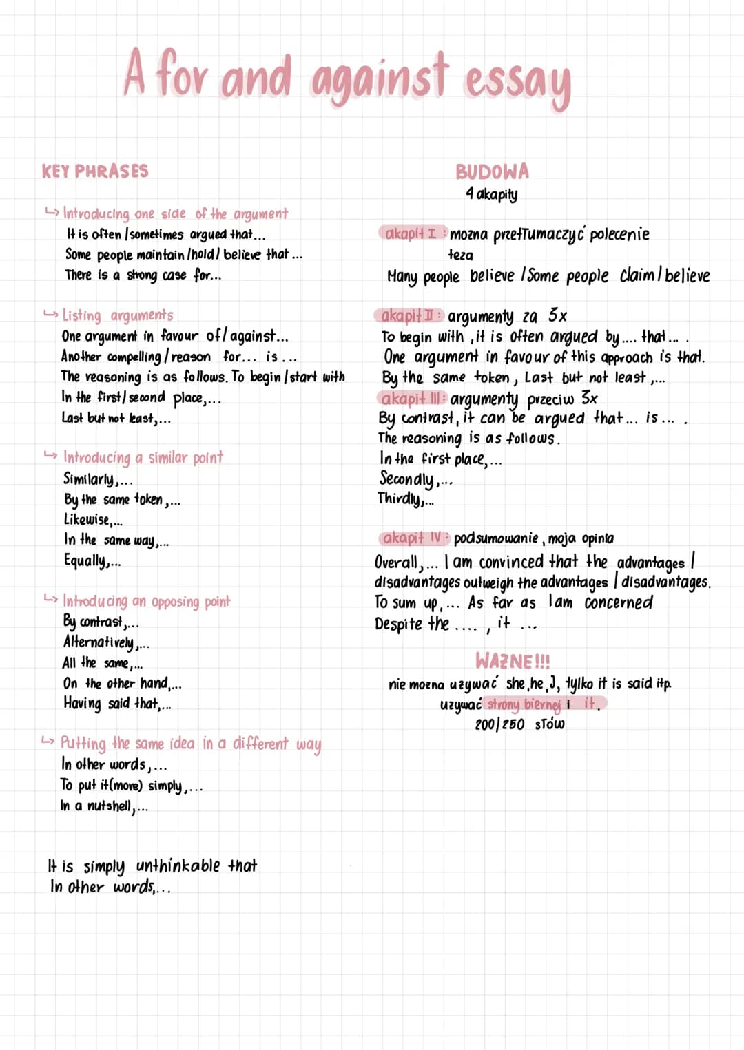 <h2 id="forandagainstessaystructure">For and Against Essay Structure</h2>
<p>A for and against essay consists of 4 paragraphs.</p>
<h2 id="k